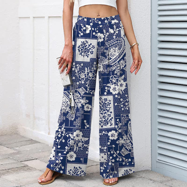 Buddha Stones Pantalones de mujer de algodón y lino con estampado floral geométrico vintage y cintura elástica, pernera ancha y bolsillos. - image 1