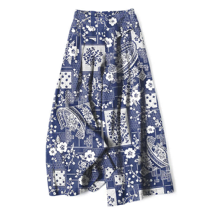 Buddha Stones Pantalones de mujer de algodón y lino con estampado floral geométrico vintage y cintura elástica, pernera ancha y bolsillos. - Marina de guerra - US16，UK/AU20，EU48 (3XL) - image 0