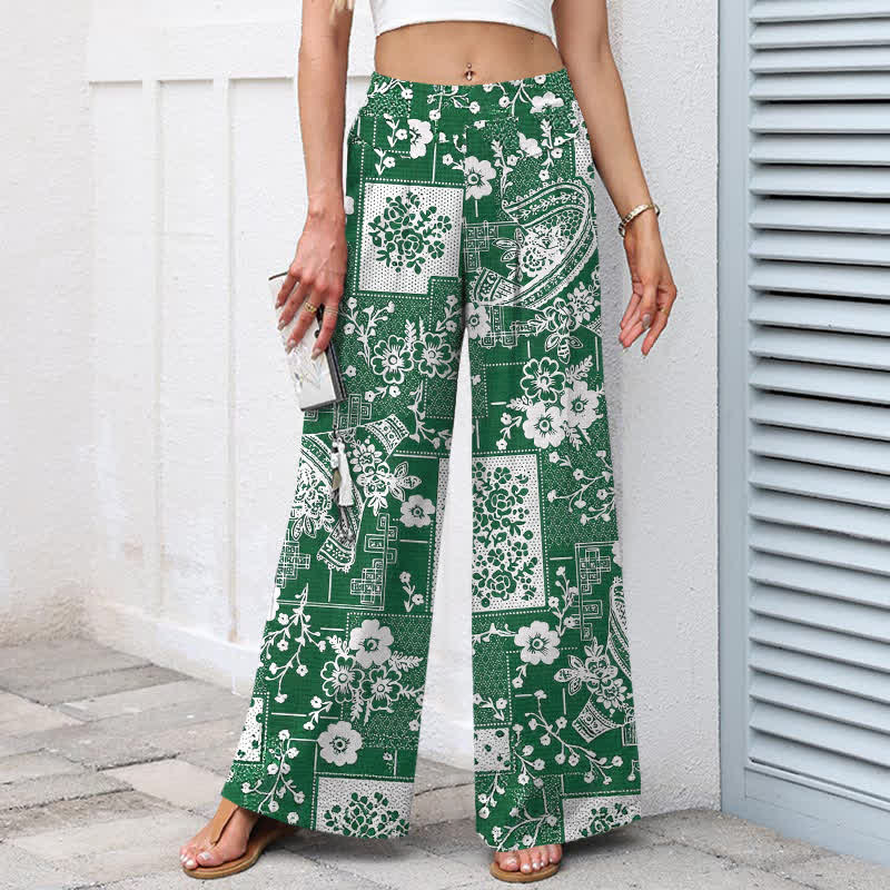 Buddha Stones Pantalones de mujer de algodón y lino con estampado floral geométrico vintage y cintura elástica, pernera ancha y bolsillos. - image 5