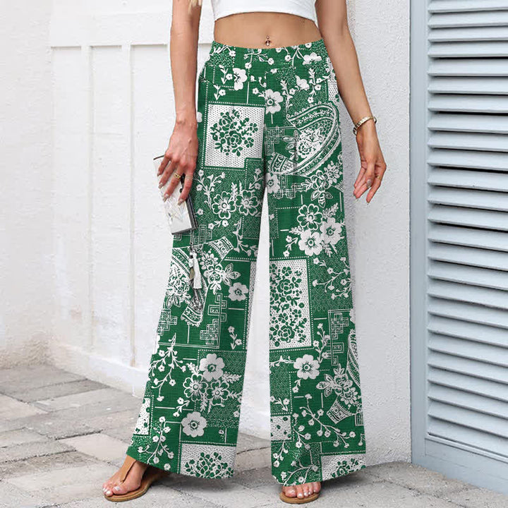 Buddha Stones Pantalones de mujer de algodón y lino con estampado floral geométrico vintage y cintura elástica, pernera ancha y bolsillos. - image 5