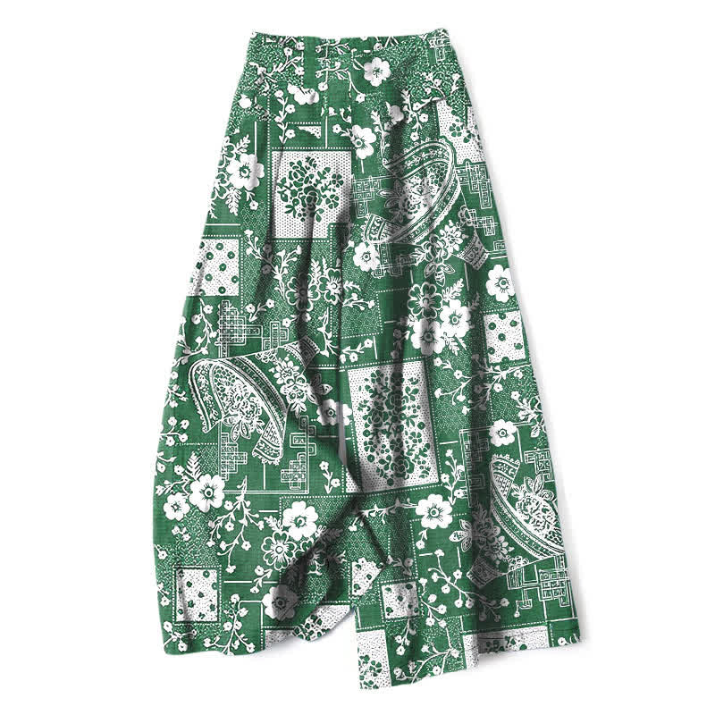 Buddha Stones Pantalones de mujer de algodón y lino con estampado floral geométrico vintage y cintura elástica, pernera ancha y bolsillos. - Verdemar - US16，UK/AU20，EU48 (3XL) - image 4