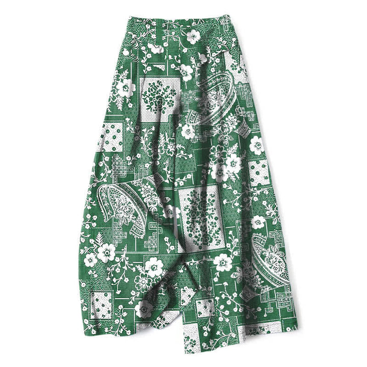 Buddha Stones Pantalones de mujer de algodón y lino con estampado floral geométrico vintage y cintura elástica, pernera ancha y bolsillos. - Verdemar - US16，UK/AU20，EU48 (3XL) - image 4