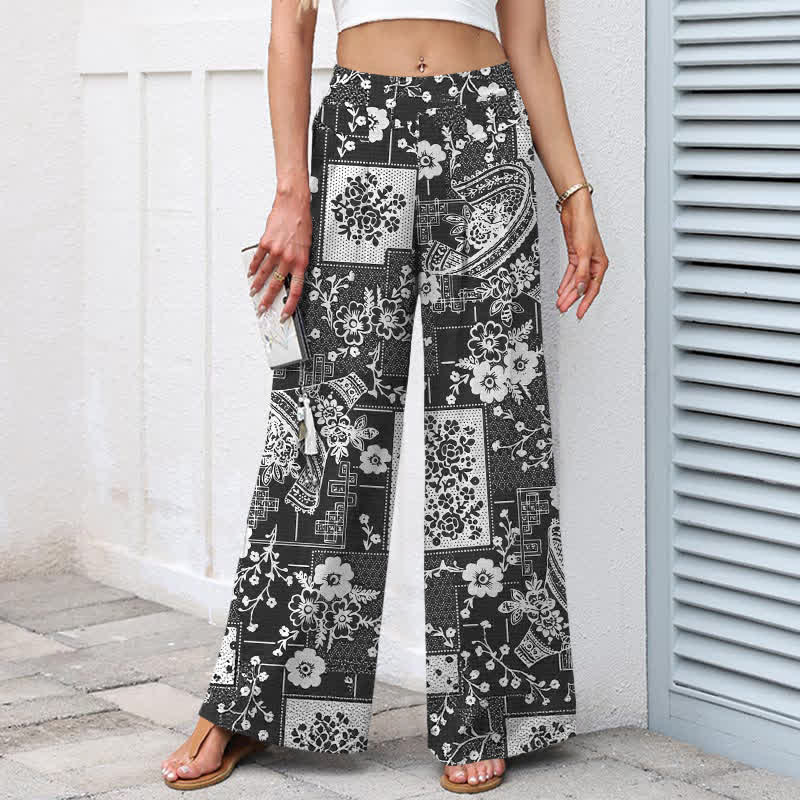 Buddha Stones Pantalones de mujer de algodón y lino con estampado floral geométrico vintage y cintura elástica, pernera ancha y bolsillos. - image 7
