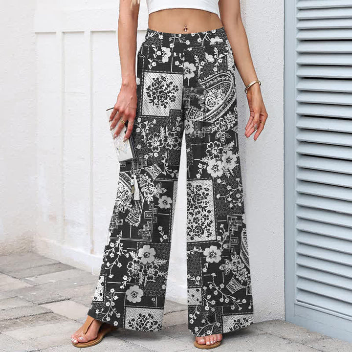 Buddha Stones Pantalones de mujer de algodón y lino con estampado floral geométrico vintage y cintura elástica, pernera ancha y bolsillos. - image 7