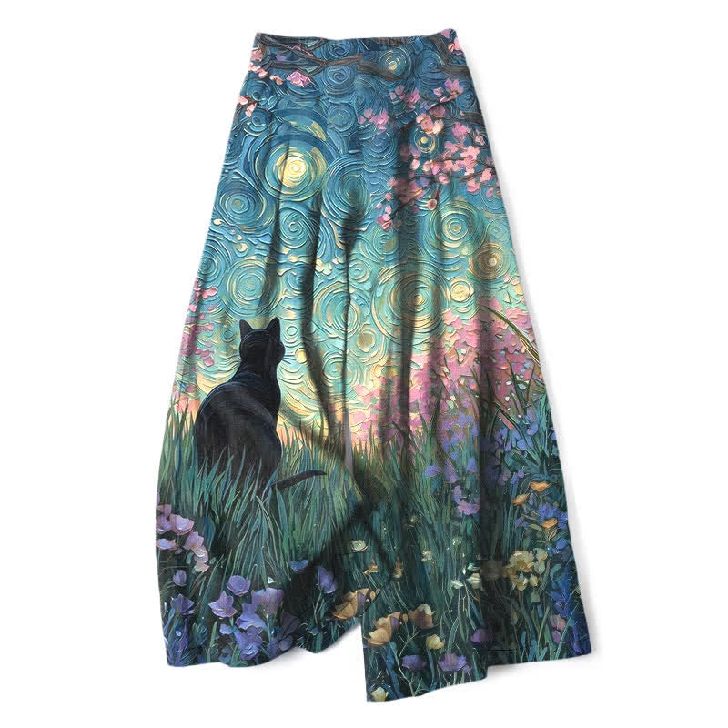 Buddha Stones Pantalones de mujer de algodón y lino con estampado de gato negro en el Bosque Encantado, cintura elástica y pernera ancha con bolsillos. - Azul cadete - US16，UK/AU20，EU48 (3XL) - image 0