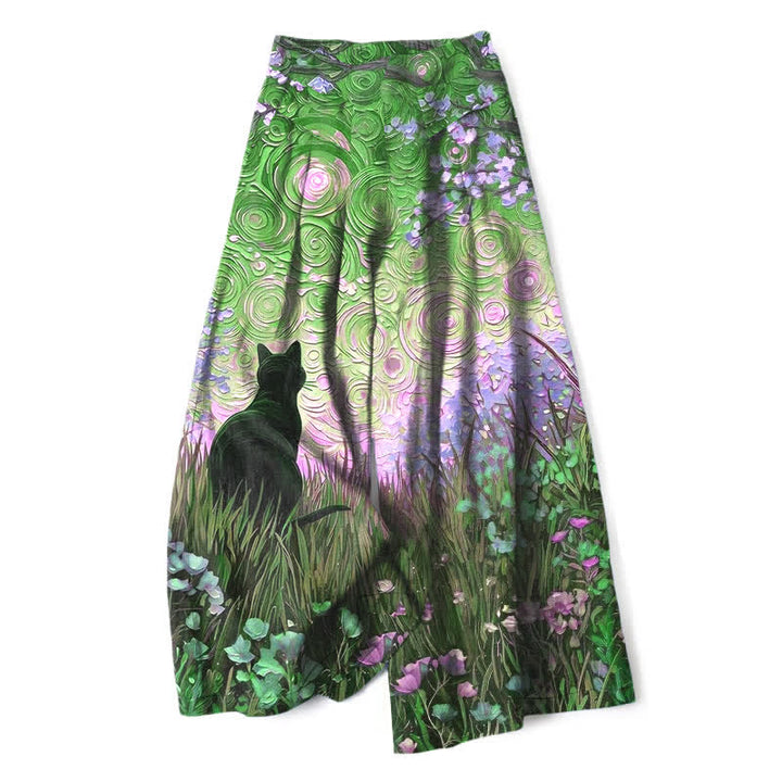 Buddha Stones Pantalones de mujer de algodón y lino con estampado de gato negro en el Bosque Encantado, cintura elástica y pernera ancha con bolsillos. - Verde bosque - US16，UK/AU20，EU48 (3XL) - image 6