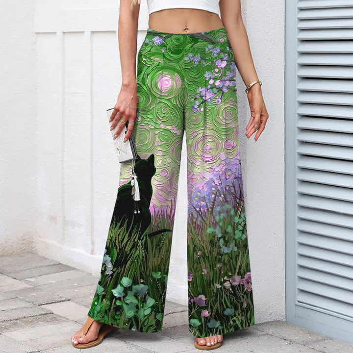 Buddha Stones Pantalones de mujer de algodón y lino con estampado de gato negro en el Bosque Encantado, cintura elástica y pernera ancha con bolsillos. - image 7