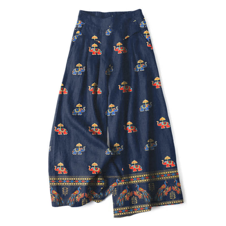 Buddha Stones Pantalones de mujer de lino y algodón con estampado bohemio de elefantes, cintura elástica y pernera ancha con bolsillos. - Azul medianoche - US16，UK/AU20，EU48 (3XL) - image 0