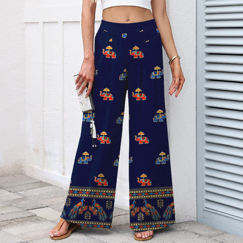 Buddha Stones Pantalones de mujer de lino y algodón con estampado bohemio de elefantes, cintura elástica y pernera ancha con bolsillos. - image 1