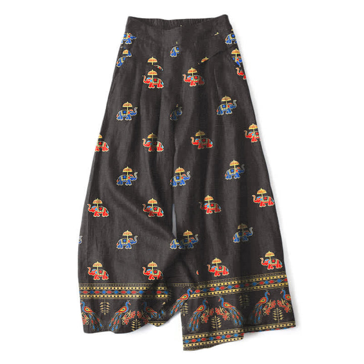 Buddha Stones Pantalones de mujer de lino y algodón con estampado bohemio de elefantes, cintura elástica y pernera ancha con bolsillos. - Marrón silla de montar - US16，UK/AU20，EU48 (3XL) - image 4