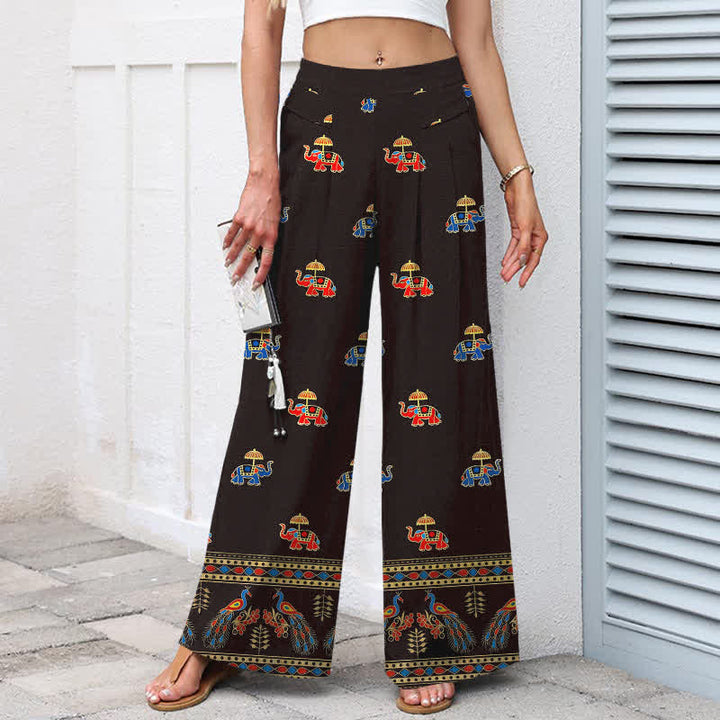 Buddha Stones Pantalones de mujer de lino y algodón con estampado bohemio de elefantes, cintura elástica y pernera ancha con bolsillos. - image 5