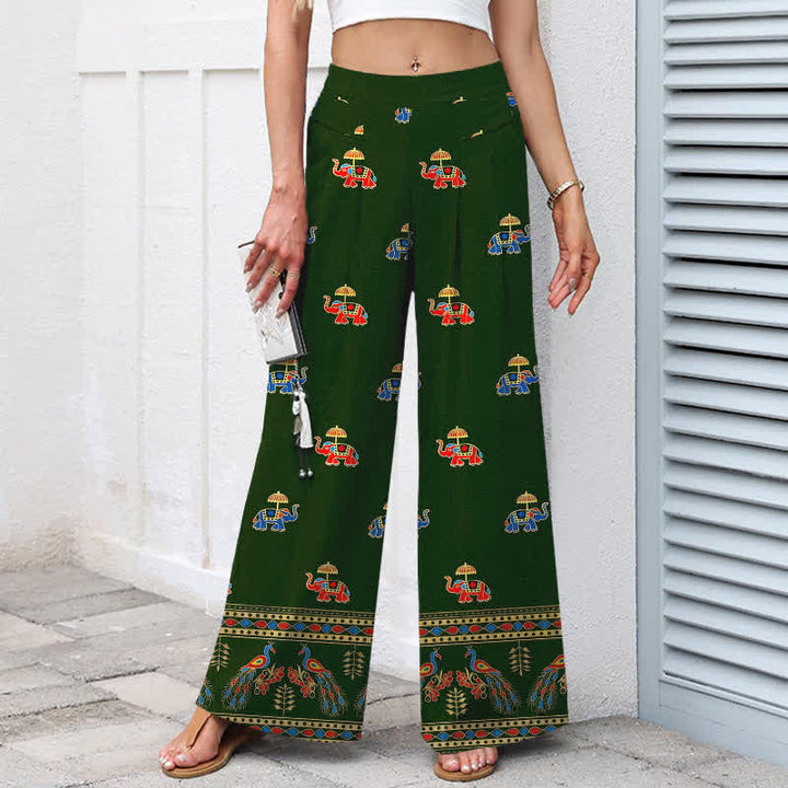 Buddha Stones Pantalones de mujer de lino y algodón con estampado bohemio de elefantes, cintura elástica y pernera ancha con bolsillos. - image 7