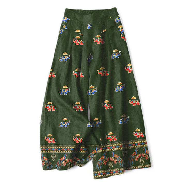 Buddha Stones Pantalones de mujer de lino y algodón con estampado bohemio de elefantes, cintura elástica y pernera ancha con bolsillos. - Verde oscuro - US16，UK/AU20，EU48 (3XL) - image 6
