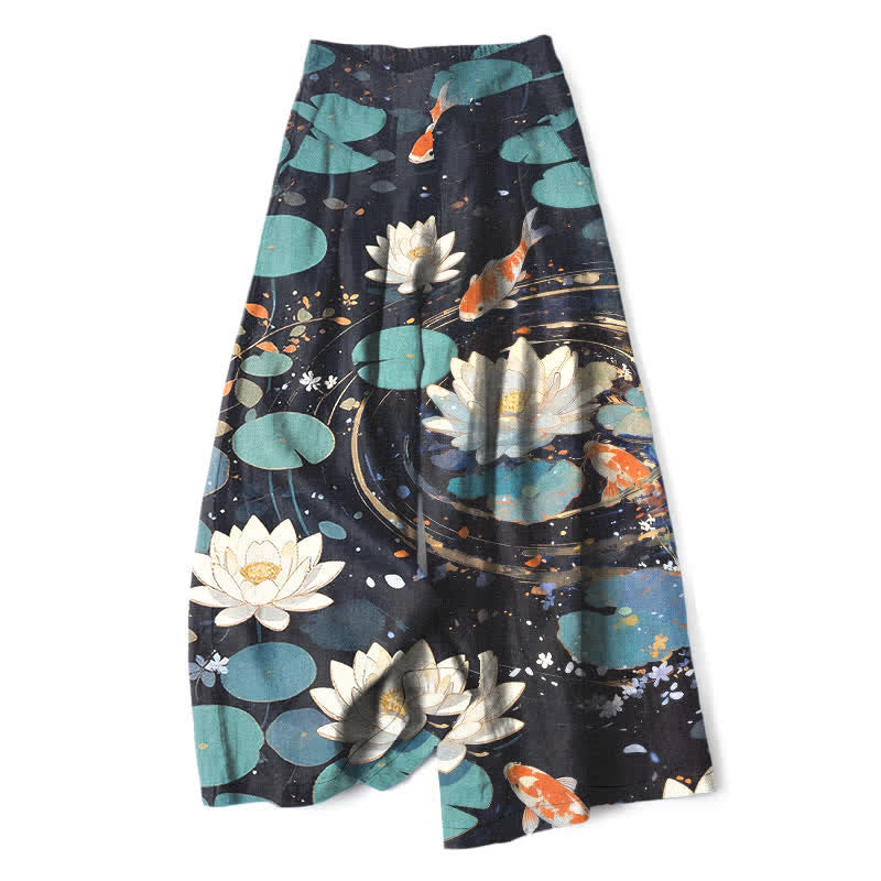 Buddha Stones Pantalones de mujer de algodón y lino con estampado de loto y peces koi, cintura elástica, pernera ancha y bolsillos. - Negro - US16，UK/AU20，EU48 (3XL) - image 0