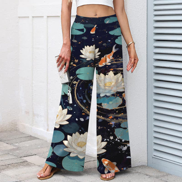 Buddha Stones Pantalones de mujer de algodón y lino con estampado de loto y peces koi, cintura elástica, pernera ancha y bolsillos. - image 1