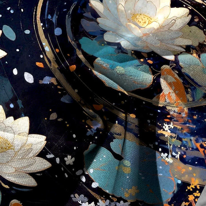 Buddha Stones Pantalones de mujer de algodón y lino con estampado de loto y peces koi, cintura elástica, pernera ancha y bolsillos. - image 3