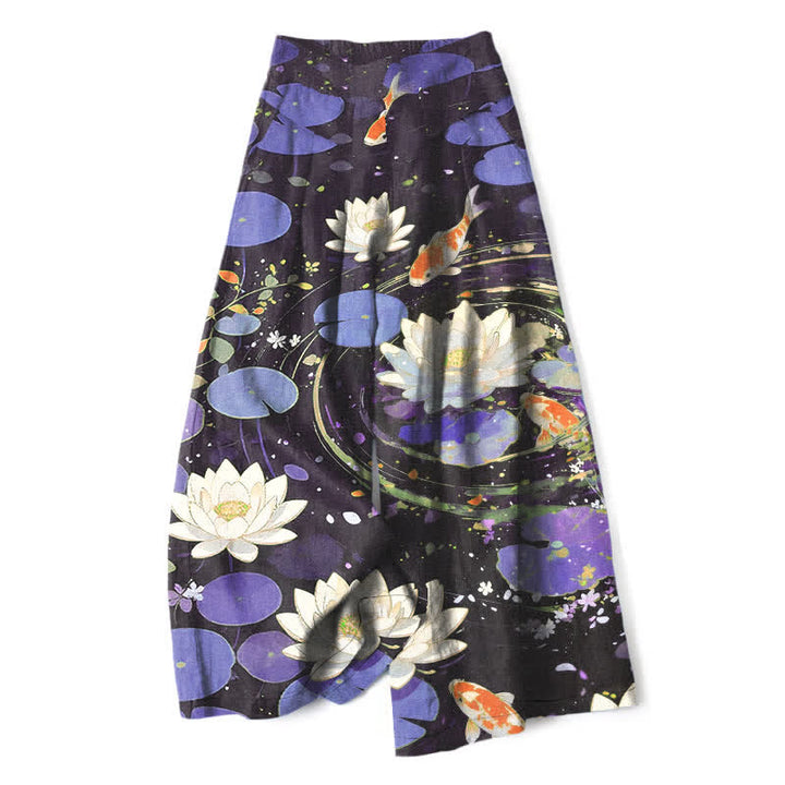 Buddha Stones Pantalones de mujer de algodón y lino con estampado de loto y peces koi, cintura elástica, pernera ancha y bolsillos. - Violeta azul - US16，UK/AU20，EU48 (3XL) - image 4