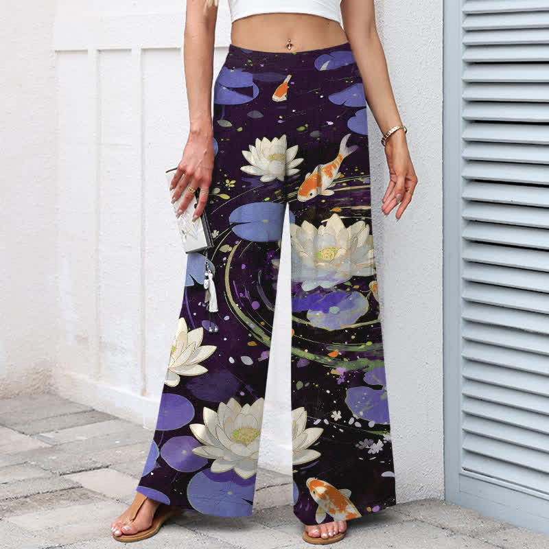 Buddha Stones Pantalones de mujer de algodón y lino con estampado de loto y peces koi, cintura elástica, pernera ancha y bolsillos. - image 5