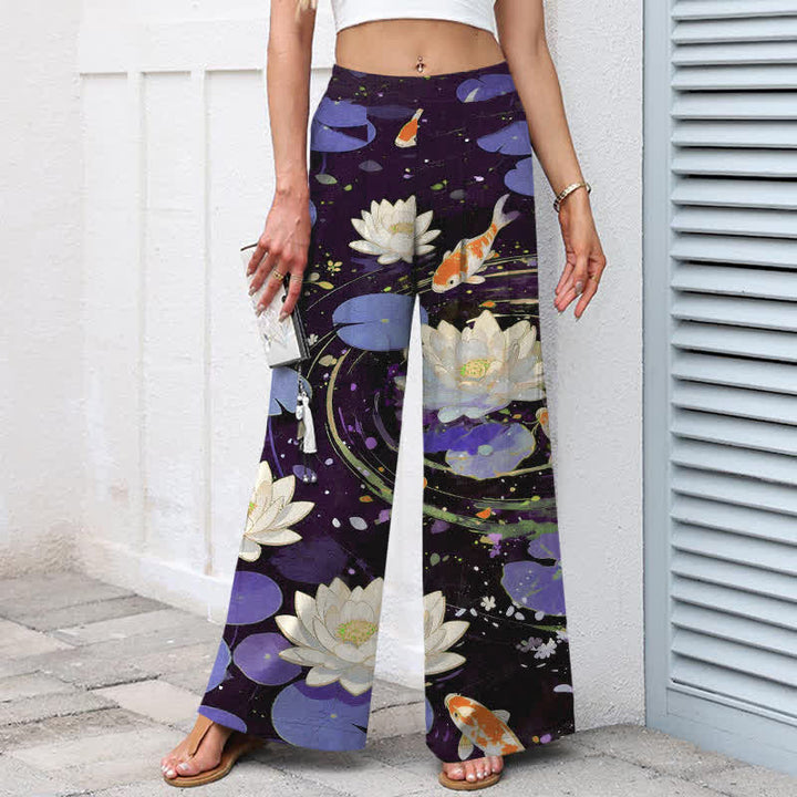Buddha Stones Pantalones de mujer de algodón y lino con estampado de loto y peces koi, cintura elástica, pernera ancha y bolsillos. - image 5