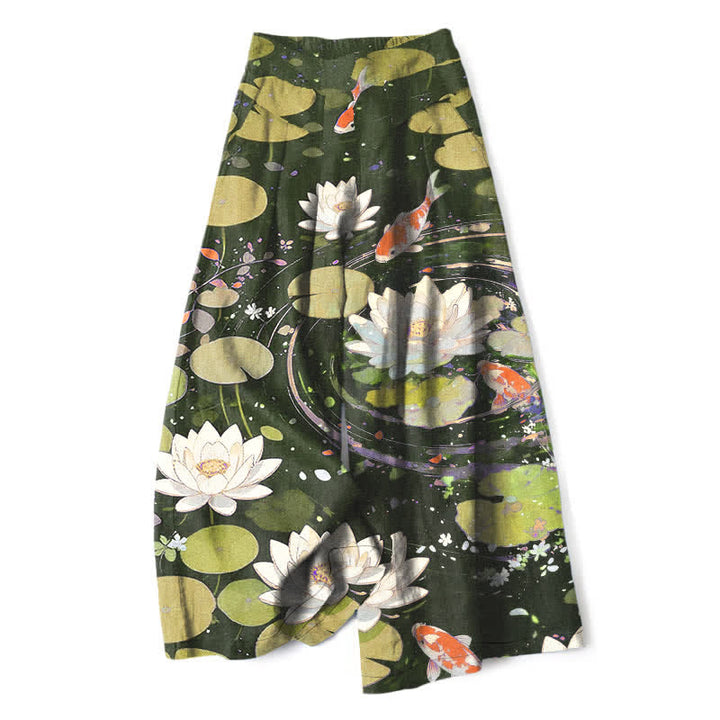 Buddha Stones Pantalones de mujer de algodón y lino con estampado de loto y peces koi, cintura elástica, pernera ancha y bolsillos. - Verde oliva oscuro - US16，UK/AU20，EU48 (3XL) - image 6
