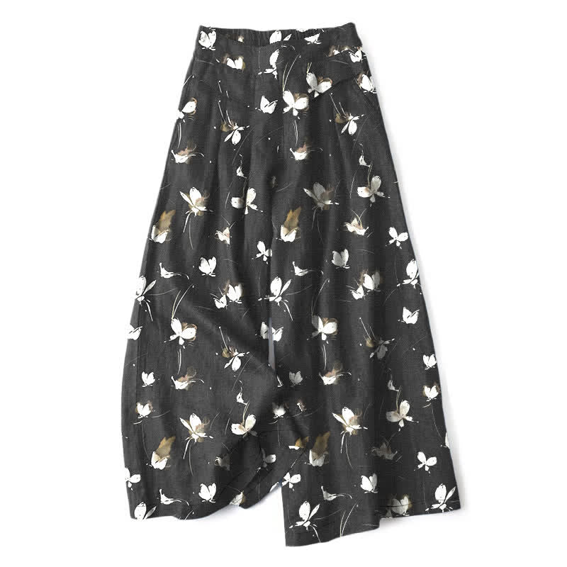 Buddha Stones Pantalones de mujer de algodón y lino con estampado floral vintage y mariposas blancas, cintura elástica, pernera ancha y bolsillos. - Negro - US16，UK/AU20，EU48 (3XL) - image 0