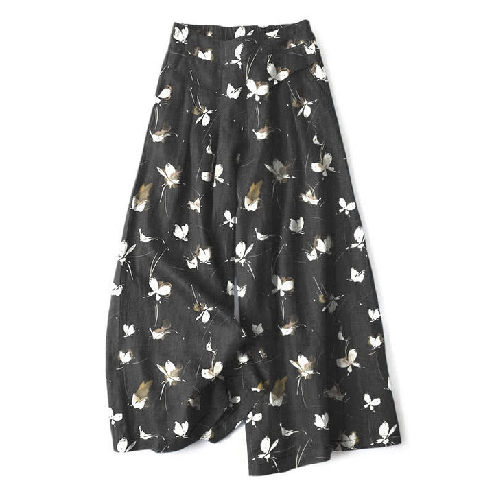 Buddha Stones Pantalones de mujer de algodón y lino con estampado floral vintage y mariposas blancas, cintura elástica, pernera ancha y bolsillos. - Negro - US16，UK/AU20，EU48 (3XL) - image 0