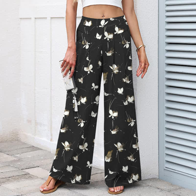 Buddha Stones Pantalones de mujer de algodón y lino con estampado floral vintage y mariposas blancas, cintura elástica, pernera ancha y bolsillos. - image 1