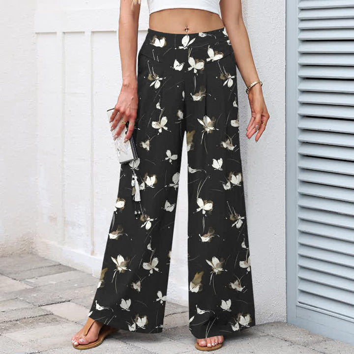 Buddha Stones Pantalones de mujer de algodón y lino con estampado floral vintage y mariposas blancas, cintura elástica, pernera ancha y bolsillos. - image 1