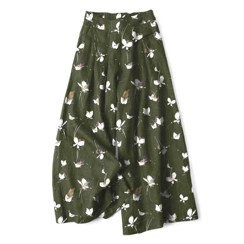 Buddha Stones Pantalones de mujer de algodón y lino con estampado floral vintage y mariposas blancas, cintura elástica, pernera ancha y bolsillos. - Verde oliva oscuro - US16，UK/AU20，EU48 (3XL) - image 4