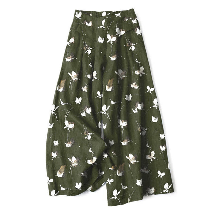 Buddha Stones Pantalones de mujer de algodón y lino con estampado floral vintage y mariposas blancas, cintura elástica, pernera ancha y bolsillos. - Verde oliva oscuro - US16，UK/AU20，EU48 (3XL) - image 4