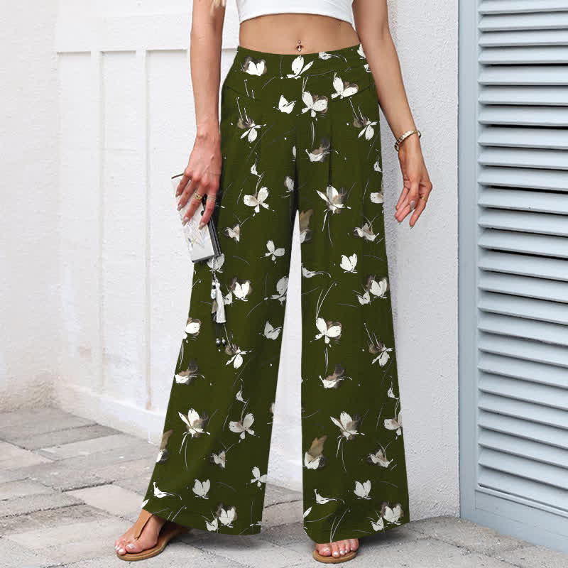 Buddha Stones Pantalones de mujer de algodón y lino con estampado floral vintage y mariposas blancas, cintura elástica, pernera ancha y bolsillos. - image 5