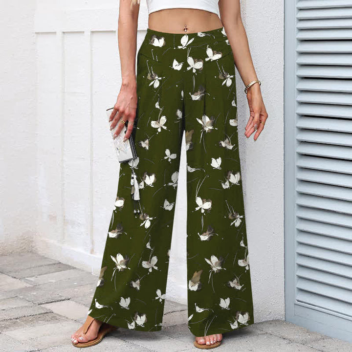Buddha Stones Pantalones de mujer de algodón y lino con estampado floral vintage y mariposas blancas, cintura elástica, pernera ancha y bolsillos. - image 5