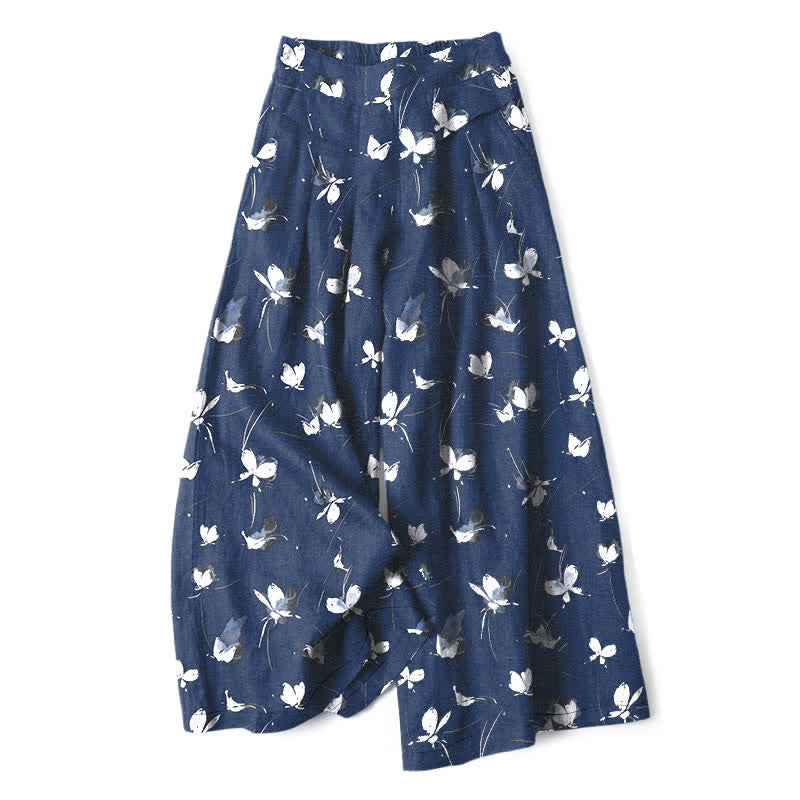 Buddha Stones Pantalones de mujer de algodón y lino con estampado floral vintage y mariposas blancas, cintura elástica, pernera ancha y bolsillos. - Azul medianoche - US16，UK/AU20，EU48 (3XL) - image 6