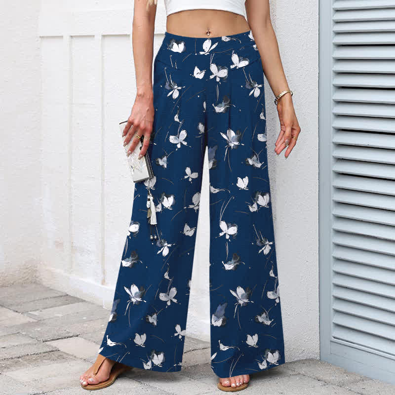 Buddha Stones Pantalones de mujer de algodón y lino con estampado floral vintage y mariposas blancas, cintura elástica, pernera ancha y bolsillos. - image 7