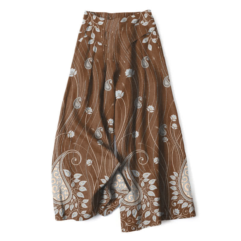Buddha Stones Pantalones de mujer de algodón y lino con estampado floral de cachemir, cintura elástica y pernera ancha con bolsillos. - Tierra de siena - US16，UK/AU20，EU48 (3XL) - image 4
