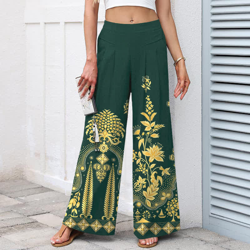Buddha Stones Pantalones de mujer de algodón y lino con estampado floral dorado estilo bohemio, cintura elástica y pernera ancha con bolsillos. - image 1