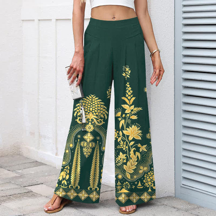 Buddha Stones Pantalones de mujer de algodón y lino con estampado floral dorado estilo bohemio, cintura elástica y pernera ancha con bolsillos. - image 1