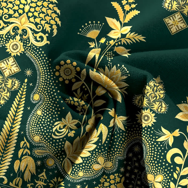 Buddha Stones Pantalones de mujer de algodón y lino con estampado floral dorado estilo bohemio, cintura elástica y pernera ancha con bolsillos. - image 3