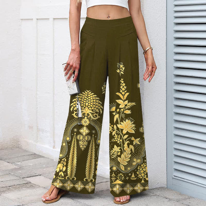 Buddha Stones Pantalones de mujer de algodón y lino con estampado floral dorado estilo bohemio, cintura elástica y pernera ancha con bolsillos. - image 5