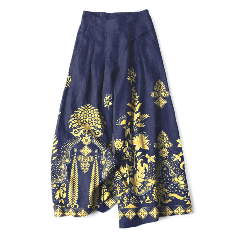 Buddha Stones Pantalones de mujer de algodón y lino con estampado floral dorado estilo bohemio, cintura elástica y pernera ancha con bolsillos. - Marina de guerra - US16，UK/AU20，EU48 (3XL) - image 6