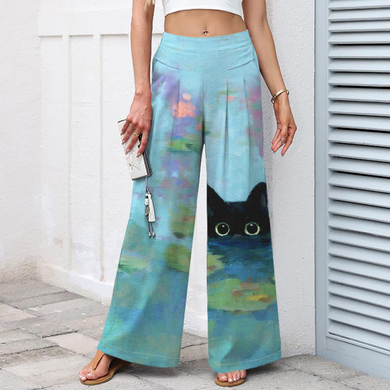 Buddha Stones Pantalones de mujer de lino y algodón con estampado de gato negro y estanque de lotos, cintura elástica, pernera ancha y bolsillos. - image 1