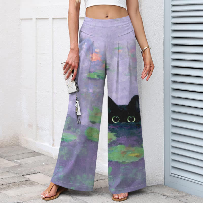 Buddha Stones Pantalones de mujer de lino y algodón con estampado de gato negro y estanque de lotos, cintura elástica, pernera ancha y bolsillos. - image 7