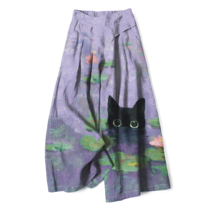 Buddha Stones Pantalones de mujer de lino y algodón con estampado de gato negro y estanque de lotos, cintura elástica, pernera ancha y bolsillos. - Lavanda - US16，UK/AU20，EU48 (3XL) - image 6