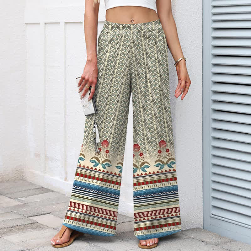 Buddha Stones Pantalones de mujer de algodón y lino con estampado geométrico en zigzag estilo bohemio, cintura elástica y pernera ancha con bolsillos. - image 1