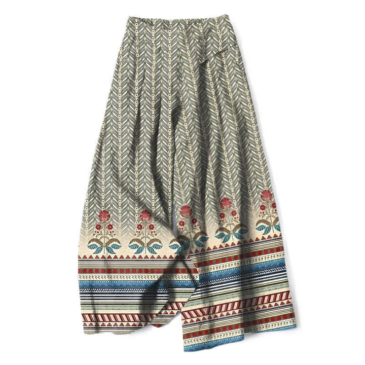 Buddha Stones Pantalones de mujer de algodón y lino con estampado geométrico en zigzag estilo bohemio, cintura elástica y pernera ancha con bolsillos. - Trigo - US16，UK/AU20，EU48 (3XL) - image 0
