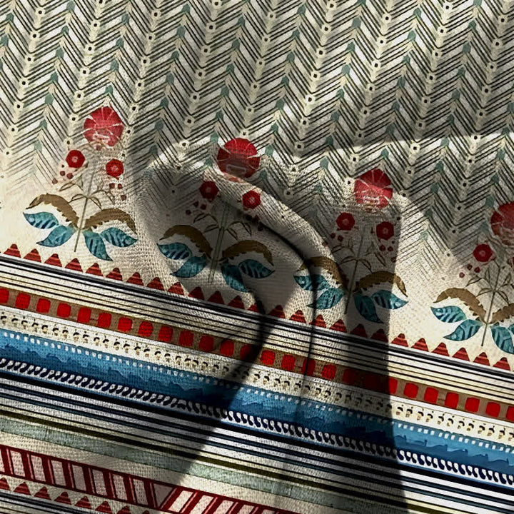 Buddha Stones Pantalones de mujer de algodón y lino con estampado geométrico en zigzag estilo bohemio, cintura elástica y pernera ancha con bolsillos. - image 3