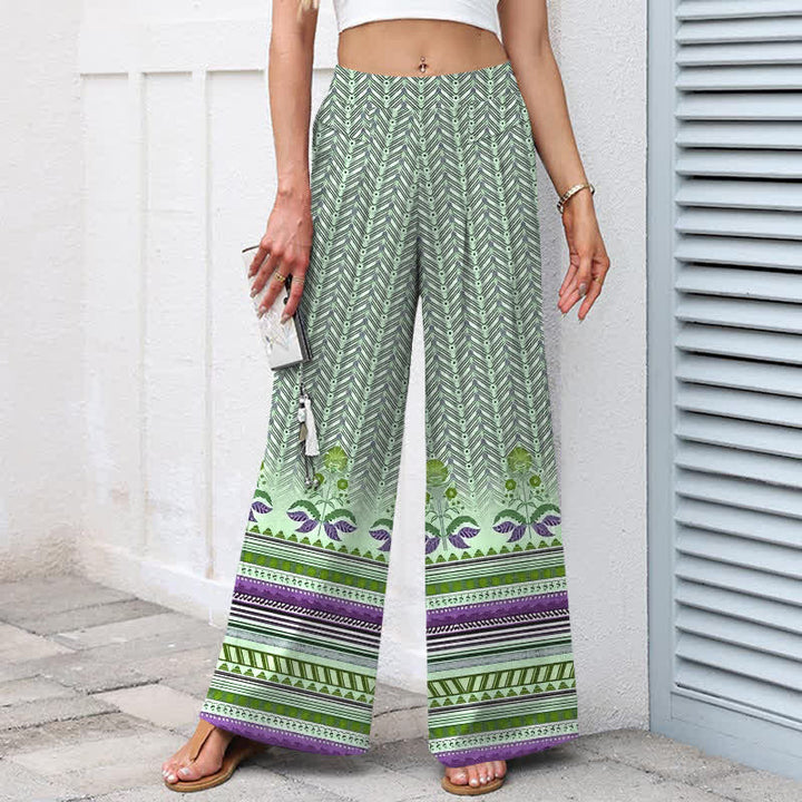 Buddha Stones Pantalones de mujer de algodón y lino con estampado geométrico en zigzag estilo bohemio, cintura elástica y pernera ancha con bolsillos. - image 7