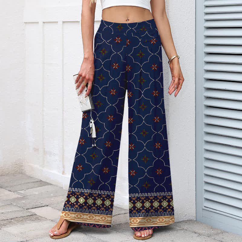 Buddha Stones Pantalones de mujer de algodón y lino con estampado bohemio geométrico de líneas florales, cintura elástica y pernera ancha con bolsillos. - image 1