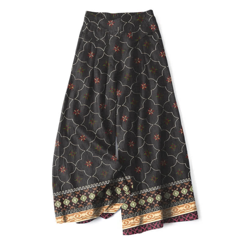 Buddha Stones Pantalones de mujer de algodón y lino con estampado bohemio geométrico de líneas florales, cintura elástica y pernera ancha con bolsillos. - Negro - US16，UK/AU20，EU48 (3XL) - image 4