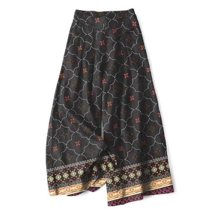 Buddha Stones Pantalones de mujer de algodón y lino con estampado bohemio geométrico de líneas florales, cintura elástica y pernera ancha con bolsillos. - Negro - US16，UK/AU20，EU48 (3XL) - image 4